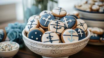 nautisch Thema mit Blau und Weiß Dekor, Anker, und Segelboot Kekse foto