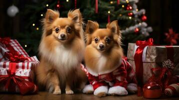 bezaubernd Haustiere im festlich Outfits mit Weihnachten die Geschenke foto