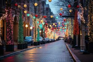 bunt Weihnachten Beleuchtung und Dekorationen auf ein Stadt Straße foto