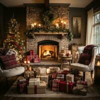 gemütlich Leben Zimmer mit Weihnachten Baum, Strümpfe, und Feuer Geknister. foto