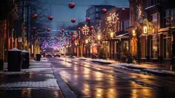 bunt Weihnachten Beleuchtung und Dekorationen auf ein Stadt Straße foto