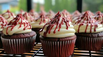 rot Samt Cupcakes mit Sahne Käse Glasur und Schokolade Nieselregen foto