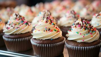 Schokolade Cupcakes mit Buttercreme Glasur und bunt Sträusel. foto