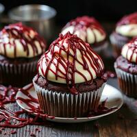 rot Samt Cupcakes mit Sahne Käse Glasur und Schokolade Nieselregen foto