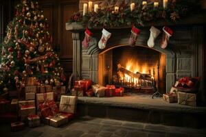 gemütlich Leben Zimmer mit Weihnachten Baum, Strümpfe, und Feuer Geknister. foto