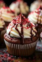rot Samt Cupcakes mit Sahne Käse Glasur und Schokolade Nieselregen foto