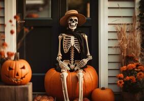Skelett Sitzung auf das Vorderseite Tür und Dekorationen Halloween Kürbisse draußen ein Haus ai generiert foto