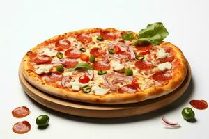 ein minimalistisch Aussicht von lecker Pizza Zutaten, knackig isoliert auf Weiß ai generiert foto