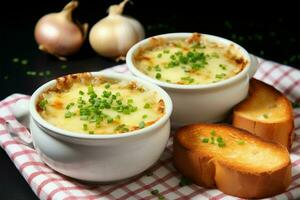 zwei Weiß Schalen gefüllt mit Französisch Zwiebel Suppe gebacken mit käsig Toast ai generiert foto