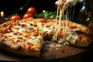 hingeben im ein Scheibe von heiß Italienisch Pizza, Nässen mit Käse ai generiert foto