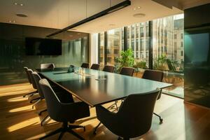 korporativ Sitzungssaal Eigenschaften schwarz Tisch, braun Stühle, und modern Technologie ai generiert foto