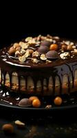 Ester Kuchen mit Schokolade Belag und Nüsse auf grau Hintergrund ai generiert foto
