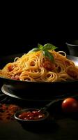 Italienisch Lebensmittel. Spaghetti Pasta im schwarz Teller auf dunkel Hintergrund ai generiert foto