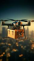 fliegend Drohne tragen ausdrücken Pakete, Zukunft von transportiert Hightech online Einkaufen ai generiert foto