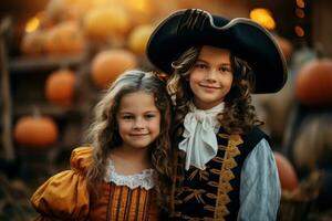 ein Mädchen und Junge im ein Halloween Kostüm Stand neben Kürbisse ai generiert foto