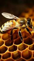 Biene auf Bienenwabe Hintergrund mit Kopieren Raum ai generiert foto