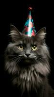 schwarz Hintergrund, Partytauglich Katze mit Geburtstag Hut ai generiert foto