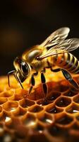 beschäftigt Biene auf golden Bienenwabe mit Kopieren Raum ai generiert foto