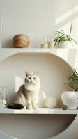 Katze Weiß Leben Zimmer minimalistisch Innere Regal Attrappe, Lehrmodell, Simulation. Zuhause Innere modern Weiß leeren Kopieren Raum ai generiert foto