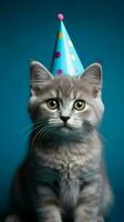süß Katze mit Party Hut auf Blau Hintergrund ai generiert foto