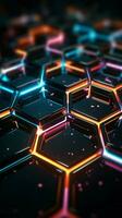 abstrakt Hexagon Formen mit glühend Neon- Elemente Vertikale Handy, Mobiltelefon Hintergrund ai generiert foto
