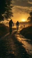 das Freude von Radfahren, zurück Aussicht von Radfahrer auf ein Sonnenuntergang Straße Vertikale Handy, Mobiltelefon Hintergrund ai generiert foto