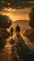 das Freude von Radfahren, zurück Aussicht von Radfahrer auf ein Sonnenuntergang Straße Vertikale Handy, Mobiltelefon Hintergrund ai generiert foto