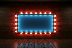 beleuchtet Plakatwand auf ein Mauer mit retro Stil Rahmen und Neon- ai generiert foto