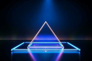 innovativ spotten oben Neon- Rhombus auf reflektierend Blau, ein kreativ Konzept ai generiert foto
