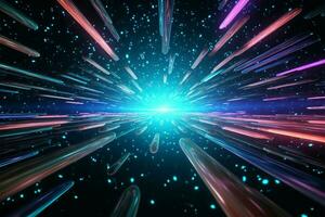 interstellar Hyperjump 3d Rendern Vitrinen ein Neon- zündete Raum Tunnel ai generiert foto