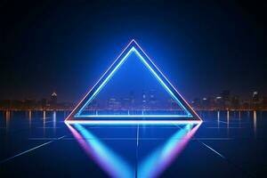 innovativ spotten oben Neon- Rhombus auf reflektierend Blau, ein kreativ Konzept ai generiert foto