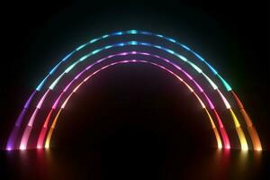 Neon- Brillanz Formen ein bunt Halbkreis auf ein schwarz Segeltuch ai generiert foto