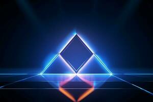 konzeptionelle Design Neon- Rhombus auf ein reflektierend Blau Hintergrund, 3d ai generiert foto