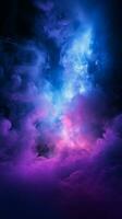 lila und Blau Suchscheinwerfer im das voller Rauch Dunkelheit Vertikale Handy, Mobiltelefon Hintergrund ai generiert foto