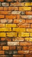 alt Gelb und rot Backstein Mauer wie ein grungy nahtlos Muster Textur Vertikale Handy, Mobiltelefon Hintergrund ai generiert foto
