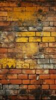 alt Gelb und rot Backstein Mauer wie ein grungy nahtlos Muster Textur Vertikale Handy, Mobiltelefon Hintergrund ai generiert foto