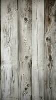 Jahrgang grau Bauholz Planke Mauer nah, texturiert Weiß hölzern Hintergrund Vertikale Handy, Mobiltelefon Hintergrund ai generiert foto