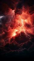 apokalyptisch dramatisch Hintergrund - - hell Blitze im dunkel rot stürmisch Himmel Vertikale Handy, Mobiltelefon Hintergrund ai generiert foto