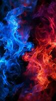 feurig rot und elektrisch Blau Flammen Kontrast auf ein schwarz Segeltuch Vertikale Handy, Mobiltelefon Hintergrund ai generiert foto