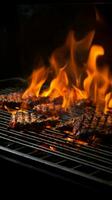 Grill Inferno, schwarz Hintergrund mit ein lodernd Feuer auf das Grill Vertikale Handy, Mobiltelefon Hintergrund ai generiert foto