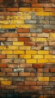 grungy Gelb und rot Backstein Mauer wie ein nahtlos Muster Hintergrund Vertikale Handy, Mobiltelefon Hintergrund ai generiert foto