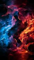 Verflechtung rot und Blau Flammen hypnotisieren auf ein dunkel Hintergrund Vertikale Handy, Mobiltelefon Hintergrund ai generiert foto
