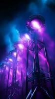 mysteriös lila und Blau Suchscheinwerfer durchbohren durch rauchig Dunkelheit Vertikale Handy, Mobiltelefon Hintergrund ai generiert foto