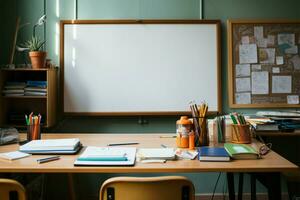 Schreibtisch im ein Klassenzimmer ist ausgestattet mit Schreibwaren, ermutigend Produktivität ai generiert foto