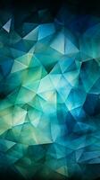 abstrakt Dreiecke im harmonisch Farbtöne tief Blau, Grün, Weiss, und lebendig cyan Vertikale Handy, Mobiltelefon Hintergrund ai generiert foto