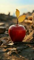 Apfel auf Wüste Boden symbolisiert Wasser Knappheit, Hunger, landwirtschaftlich Herausforderungen inmitten Klima Veränderung Vertikale Handy, Mobiltelefon Hintergrund ai generiert foto