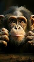 Schimpansen traurig Antlitz Hinweise beim es ist zugrunde liegenden Gefühle von Traurigkeit und Niedergeschlagenheit Vertikale Handy, Mobiltelefon Hintergrund ai generiert foto