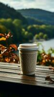 Kaffee im Papier Tasse, der Natur Hintergrund Schluck von Wärme inmitten draussen Gelassenheit Vertikale Handy, Mobiltelefon Hintergrund ai generiert foto