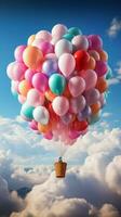 Fantasie Flugzeug fliegen und schwebend im Himmel mit Bündel von bunt Luftballons Vertikale Handy, Mobiltelefon Hintergrund ai generiert foto