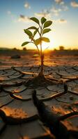 einsam Baum Sprossen auf ausgedörrt Erde, symbolisieren Klima Krise, Wasser Knappheit fällig zu global Erwärmen Vertikale Handy, Mobiltelefon Hintergrund ai generiert foto